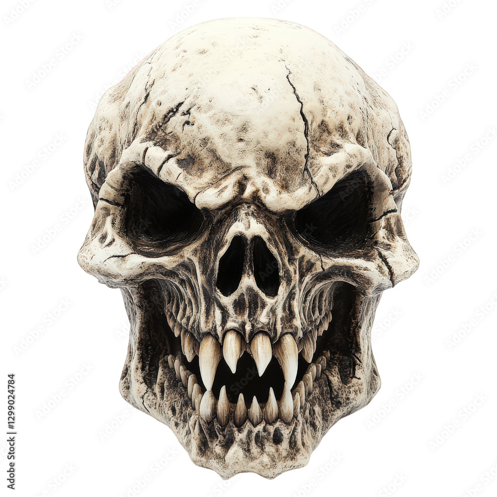 Obraz premium Demonic skull with sharp fangs, exuding menacing and ominous presence. This striking design captures essence of fear and darkness, perfect for horror themes