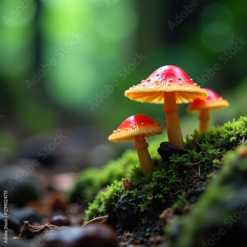 Mushrooms growing on rocks in tropical rainforest, growth, nature, coprinellus disseminatus photo