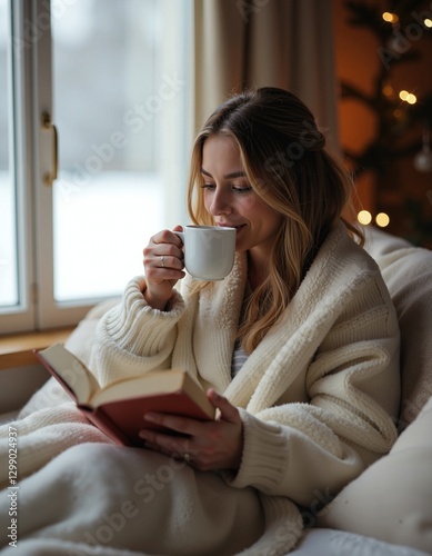 Cozy Afternoon: Caucasian Young Female Relaxing with Book and Hot Drink by Window