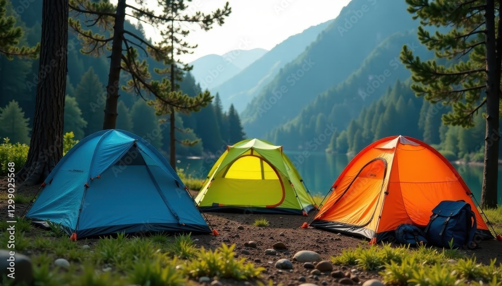 Three camping tents arranged in a triangle with backpacks , backpacks, view Three camping tents arranged in a triangle with backpacks , backpacks, view