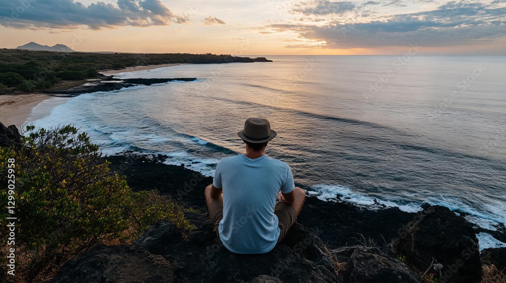 Man sitting on a rocky cliff overlooking the ocean at sunset. Solo traveler in a hat enjoying a scenic coastal view. Ideal for travel, adventure, mindfulness, and nature appreciation concepts. Man sitting on a rocky cliff overlooking the ocean at sunset. Solo traveler in a hat enjoying a scenic coastal view. Ideal for travel, adventure, mindfulness, and nature appreciation concepts.