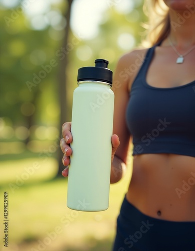 Young Caucasian Female Holding Water Bottle in Park on Sunny Day