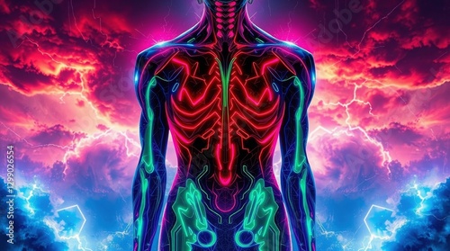 Electric Anatomy: Glowing body amidst storm. Neon human form against lightning sky, symbolizes futuristic technology & human connection. #art