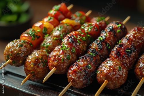 Fresh ingredients, meat skewers, and a variety of meatball skewers on display Meatballs, sausage, and skewers Shabu's Thai street food, grilled. Generative Ai