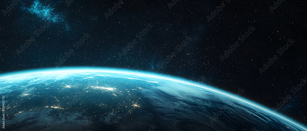 Obraz premium Stunning View of Earth from Space with Illuminated Cities and Starry Night Sky