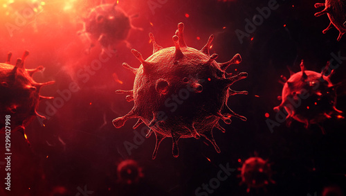 3D rendering of red virus particles.