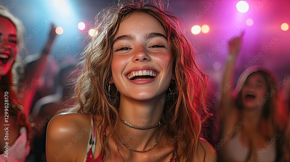 Four friends are enjoying a vibrant night out, laughing and having fun on a city street. Four friends are enjoying a vibrant night out, laughing and having fun on a city street.