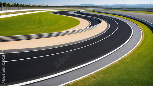 Motor racing track. A sleek, curving motor racing track with smooth asphalt, sharp turns, and marked lines. Race track curve road.