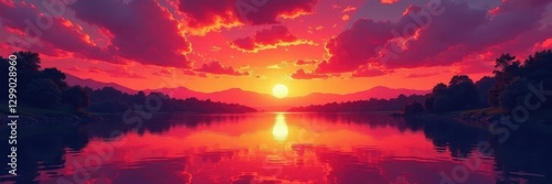 Rich crimson sunset over calm river, thick brushstrokes , expressionism, fiery, sunset