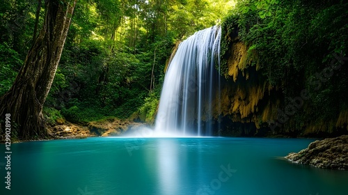 Majestic Waterfall Cascading into Tranquil Azure Pool Amidst Lush Verdant Forest Landscape