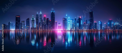 Panoramic view of the skyline in a City at night with reflections