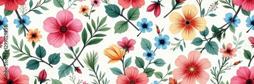 Delicate hand-drawn spring blooms & leaves, seamless pattern , hand-drawn, leaf, seamless