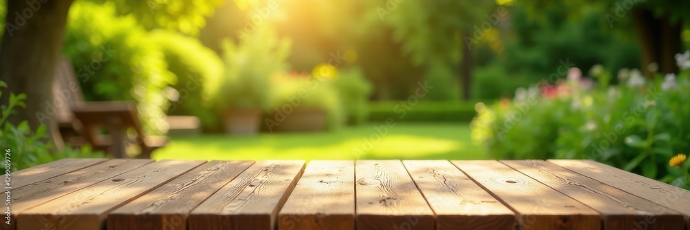 Empty wooden table, summer backyard party setting, july, grass, nature Empty wooden table, summer backyard party setting, july, grass, nature