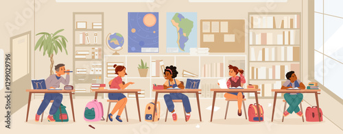 School children in the classroom flat vector illustration.