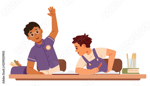 Two school boys at desk in classroom flat vector illustration isolated on white.