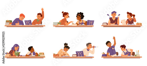 Diverse school children sitting in pairs at desks in classroom studying, chatting, raising hand, distracting flat vector illustrations set isolated on white.