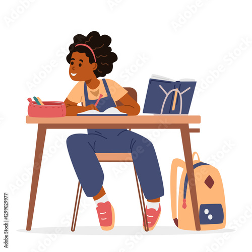 Smiling African American school girl sitting at desk with stationary in classroom  flat vector illustration isolated on white.