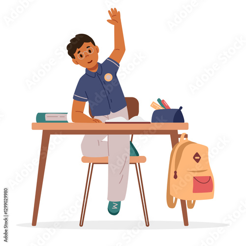 School boy wearing glasses sitting at desk raising hand in classroom flat vector illustration isolated on white.