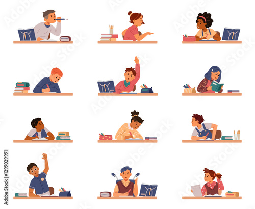 Diverse school children sitting at desks with stationary studying, chatting, reading, writing, raising hand flat vector illustrations set isolated on white.