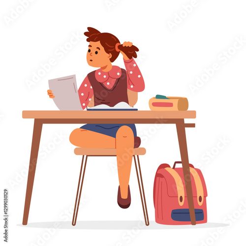 School girl sitting at desk in classroom reading test thinking flat vector illustration isolated on white.