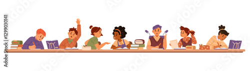 Diverse school children group sitting together at one desk flat vector illustration isolated on white.
