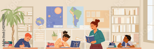 Primary school children on lesson with teacher flat vector illustration. School classroom with pupils writing dictation.