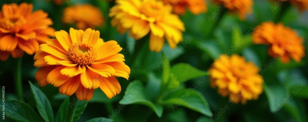 Vibrant marigold blooms, rich orange and yellow petals, lush green leaves , bright, colorful Vibrant marigold blooms, rich orange and yellow petals, lush green leaves , bright, colorful