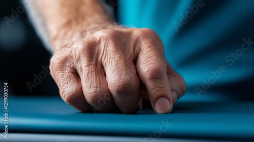 Closeup of a wrinkled hand gripping a blue surface.