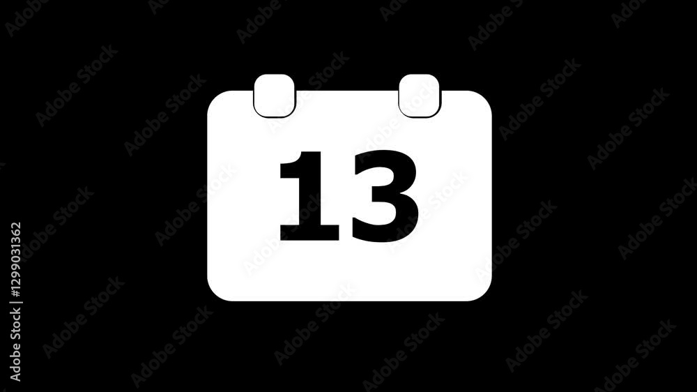 Animated Calendar icon isolated .Time and date 13, Date .Calendar icon - day 13 animation, black and white Simple technology calendar with date concept on Black background.