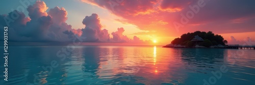 Fiery sky reflects on tranquil Maldives waters , Maldives, yellow