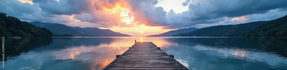 Fototapeta premium Serene lake pier, dramatic clouds, scenic landscape, environment, water