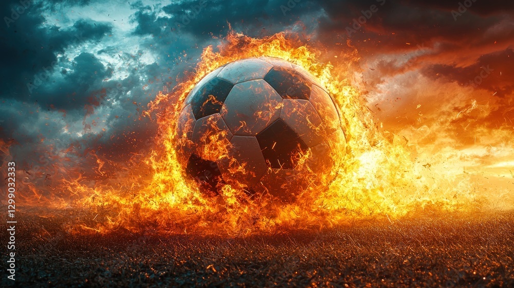 Fototapeta premium Soccer Ball on Fire Flying Across Field with Dramatic Sky Background