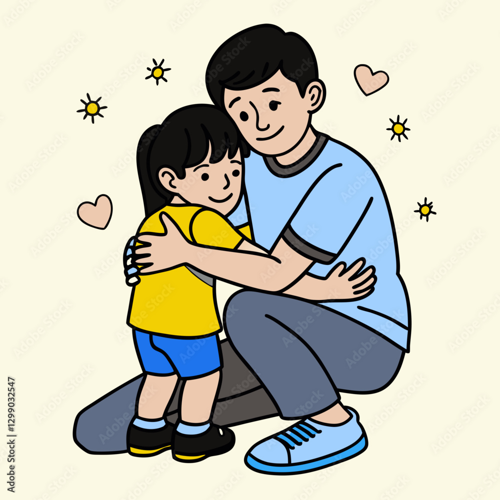 Father hugging daughter, heartwarming illustration for family love, parenting, and emotional bonding themes