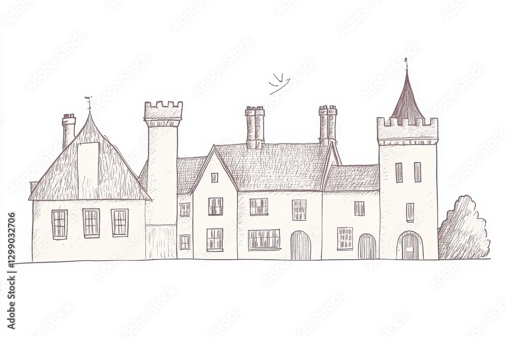 Obraz premium Detailed Ink Sketch of a Historic Stone Mansion with Multiple Towers and Chimneys With Details of Design Elements of Construction of Structure and Brickwork of Building Facade And Architecture and