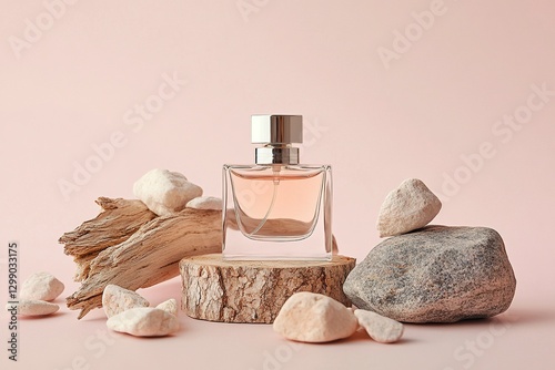 Commercial photography, featuring a perfume bottle with rocks and wood in the background, a beige color palette, soft lighting, high-resolution photography, a minimalist composition, clean,