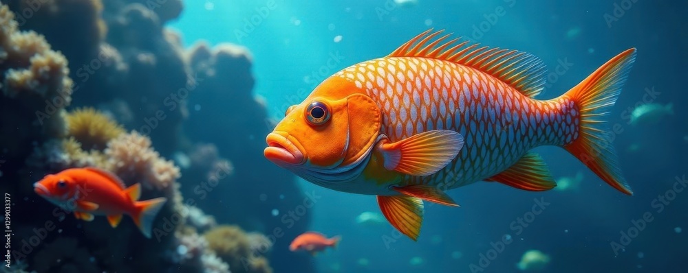 Fototapeta premium Vibrant orange & blue fish shoal, scales shimmering , blue, schooling fish