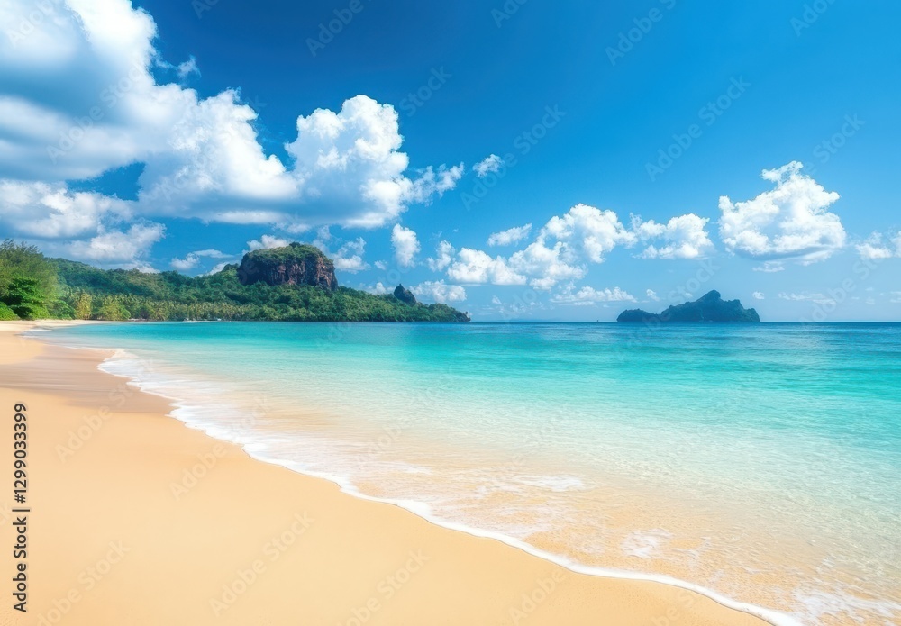 Serene Tropical Beach with Crystal Clear Water, Soft Sand, Vibrant Blue Sky, and Majestic Clouds in a Peaceful Natural Environment Serene Tropical Beach with Crystal Clear Water, Soft Sand, Vibrant Blue Sky, and Majestic Clouds in a Peaceful Natural Environment