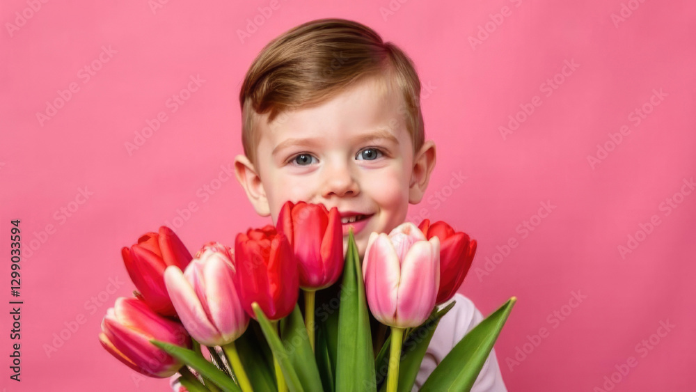 horizontal banner, portrait of a smiling little boy with blonde hair, holding a bouquet of pink tulips, gift for Mom, mother's day, pink background horizontal banner, portrait of a smiling little boy with blonde hair, holding a bouquet of pink tulips, gift for Mom, mother's day, pink background