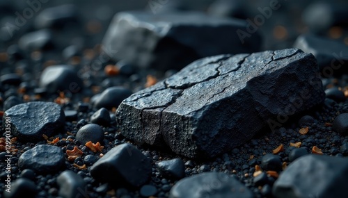Deep black volcanic rock, coarse grain, matte finish , surface, shadow, photography