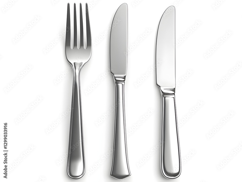Neatly Arranged Stainless Steel Cutlery on White Background Neatly Arranged Stainless Steel Cutlery on White Background