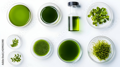 Arrangement Of Green Biological Samples In Petri Dishes And Vials Against White Background In A Laboratory Setting