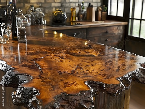 Rustic and Warm Kitchen Countertop with Natural Wood and Stone Texture