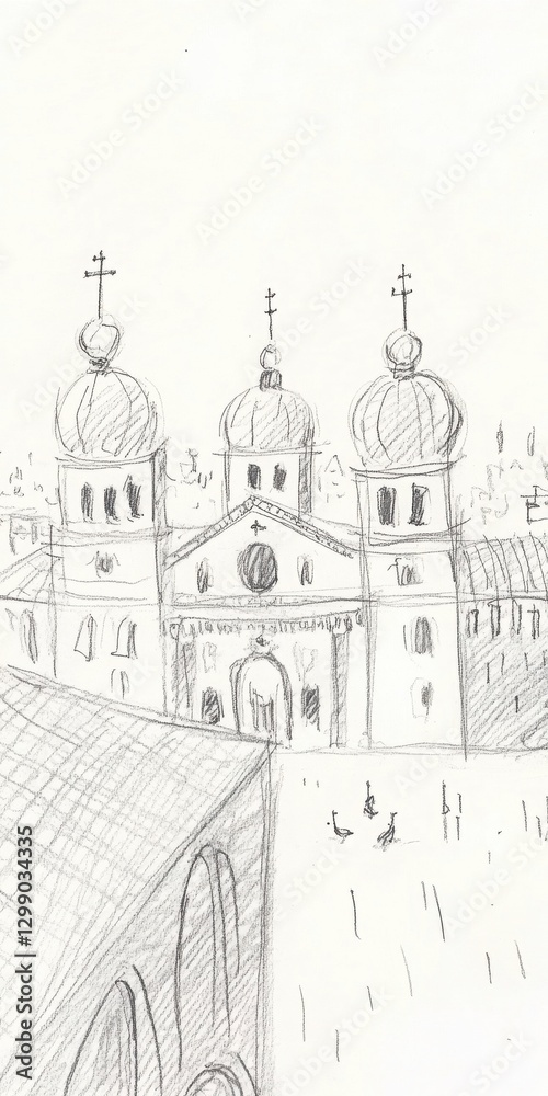 Fototapeta premium Detailed Pencil Sketch Of A Church With Domes and Towers Detailed Drawing Of Religious Building With Historical Architecture Style