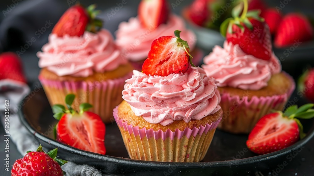 Cupcakes with strawberry frosting and fresh strawberry slices with Cupcakes with strawberry frosting and fresh strawberry slices with