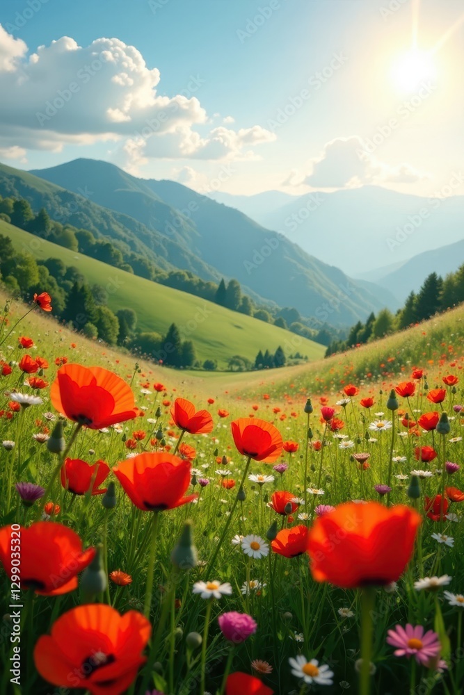 Sunlit hillside bursting with red poppies and assorted wildflowers , detail, beautiful, wildflowers Sunlit hillside bursting with red poppies and assorted wildflowers , detail, beautiful, wildflowers