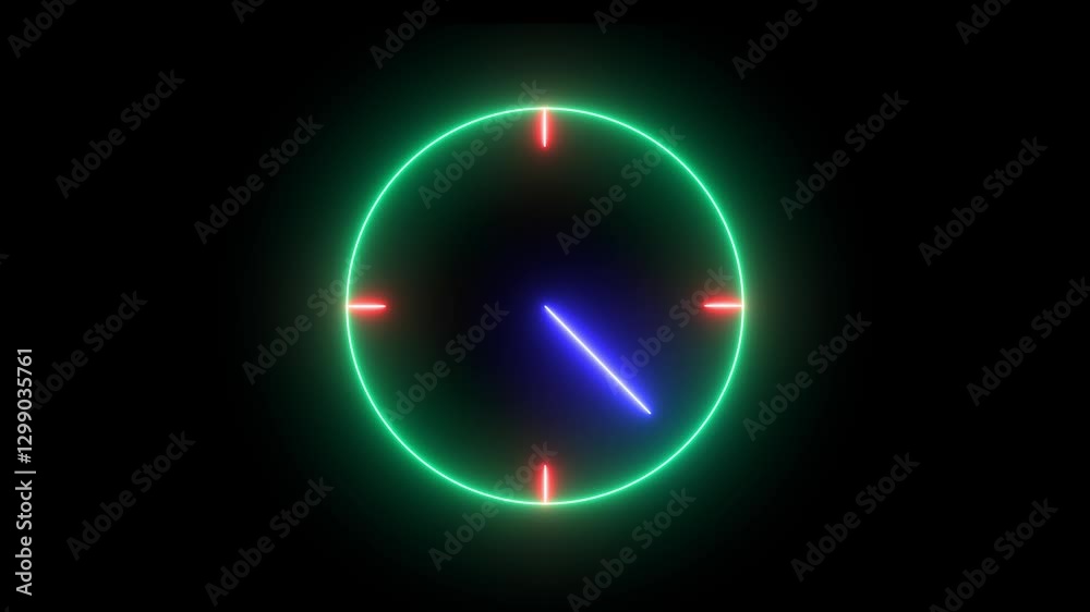 Glowing neon clock animation icon on black background. Glowing neon clock animation icon on black background.