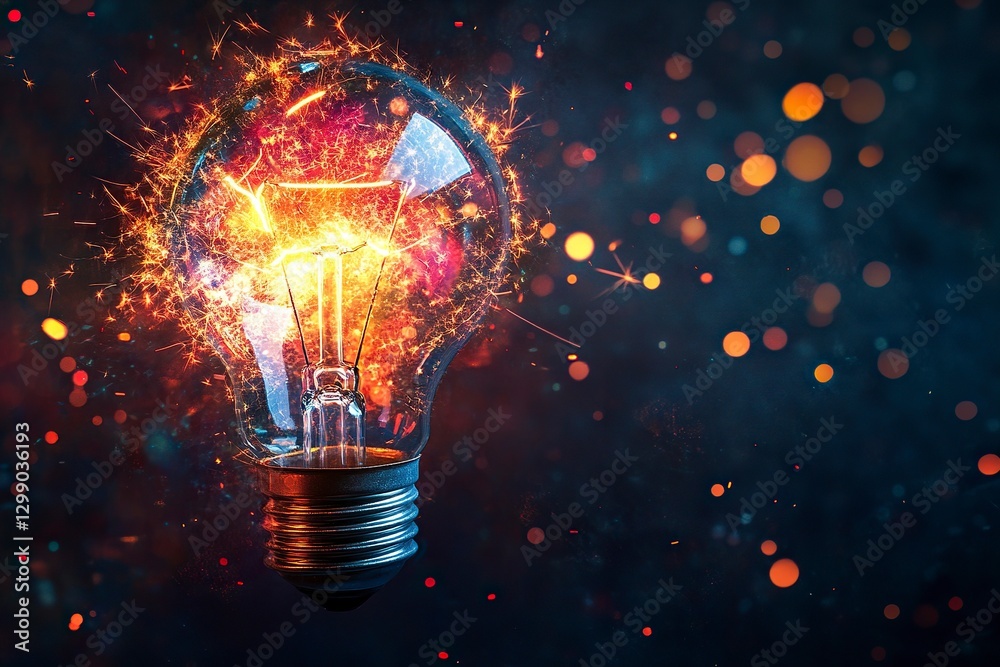 Creative light bulb with a colorful explosion of energy and sparks on a dark background, a concept for innovation or creative thinking. Copy space available. High quality image Creative light bulb with a colorful explosion of energy and sparks on a dark background, a concept for innovation or creative thinking. Copy space available. High quality image