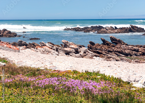 The rocky shore of Cape Agulhas, where the Indian and Atlantic Oceans meet, is a cape in South Africa, the southernmost point of Africa.