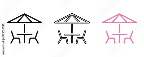 Table and chair under umbrella icon, table and chairs under sun umbrella icons vector set isolated on white background.