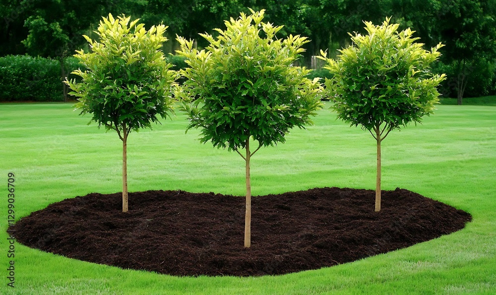 Obraz premium Three Ornamental Trees with Green Foliage Surrounded by Fresh Brown Mulch in a Lush Green Lawn